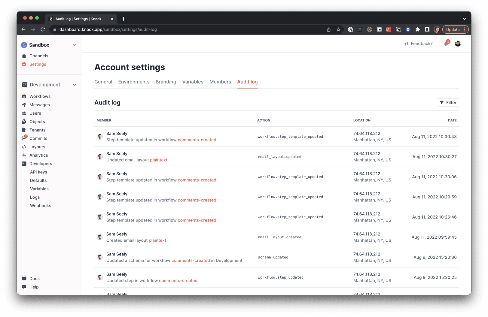 Viewing audit logs in the dashboard